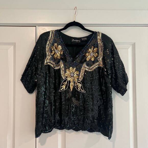 Jewel Queen Women's 100% Pure Silk Sequin Top Black‎ Short Sleeve Glam Size L - Picture 1 of 8